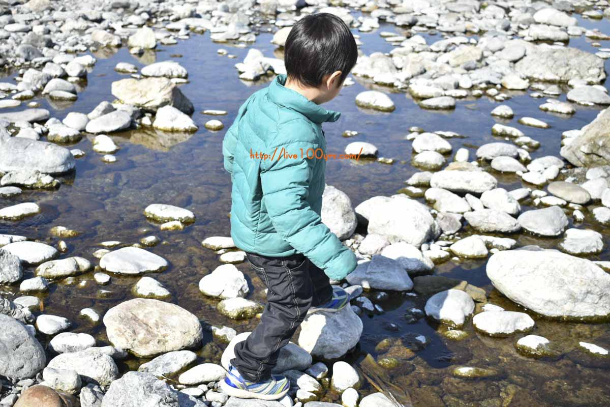 寒い時期の川遊びとして石渡りをしています